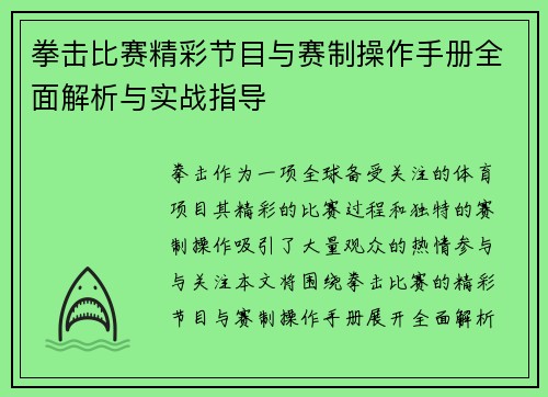 拳击比赛精彩节目与赛制操作手册全面解析与实战指导